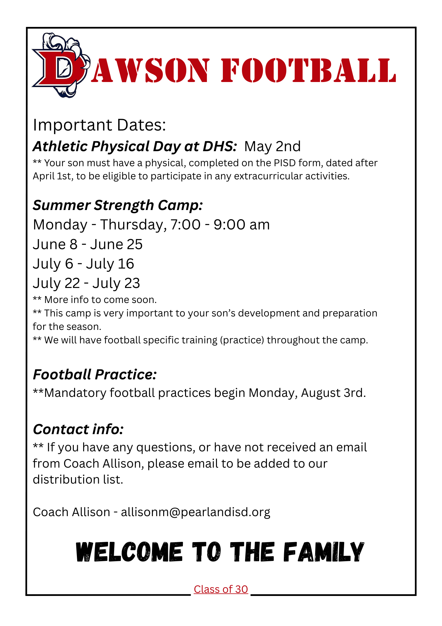 Dawson Eagles FOOTBALL Strength and Speed Camp 2026